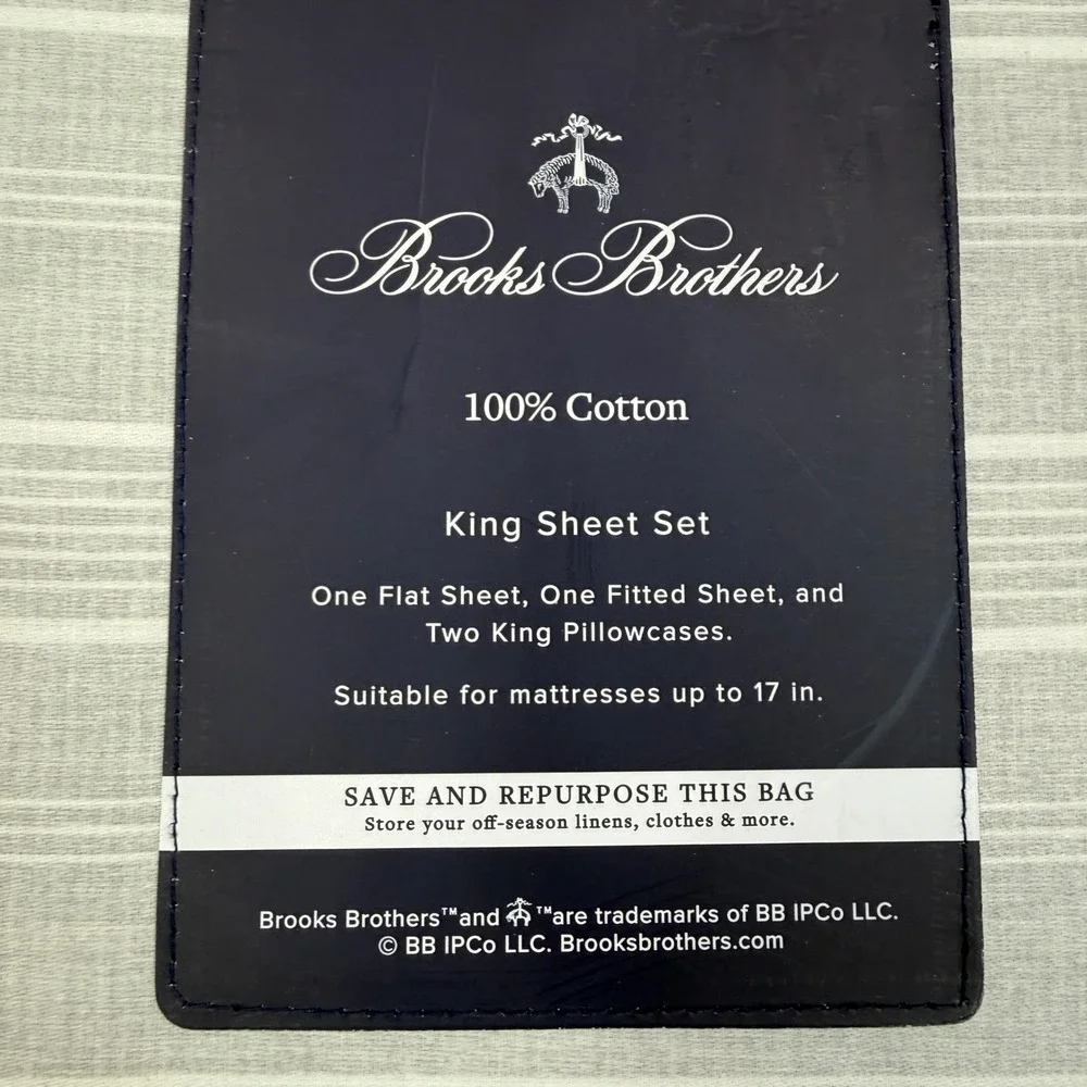 Brooks‎ Brothers King Sheet Set Grey White Stripe 100% Cotton 4pc NEW